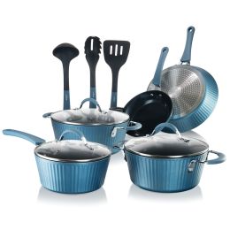 NutriChef NCCW11BL 11-Piece Lines Kitchenware Pots and Pans Set (Blue)