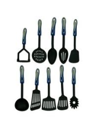 Nylon kitchen utensils with blue and silver handles, assorted