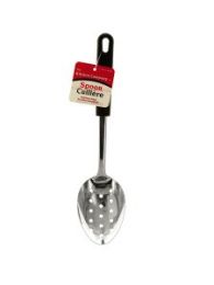 stainless steel slotted spoon with black handle
