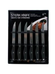 6 pk stainless steel steak knife set w/black wood handles