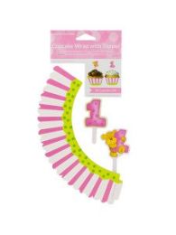 Girl&#039;s First Birthday Cupcake Wraps & Toppers