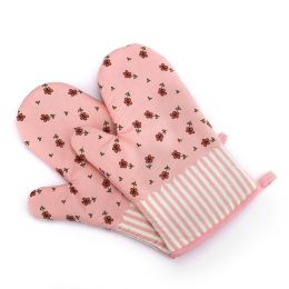 Heat Resistant Oven Gloves Baking Oven Mitts Cooking Gloves Small Flowers Pink